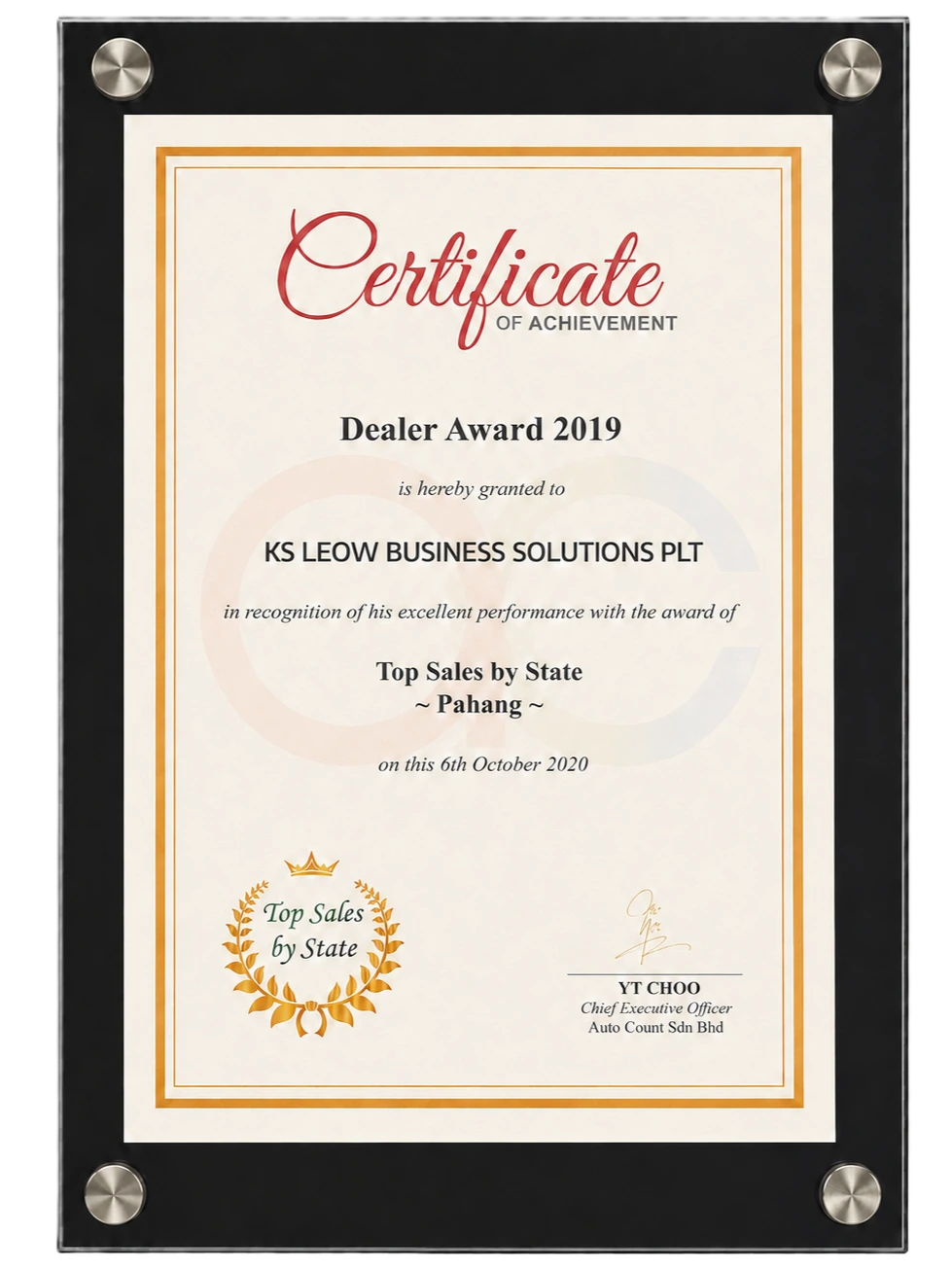 AutoCount Top Dealer certificate 2019