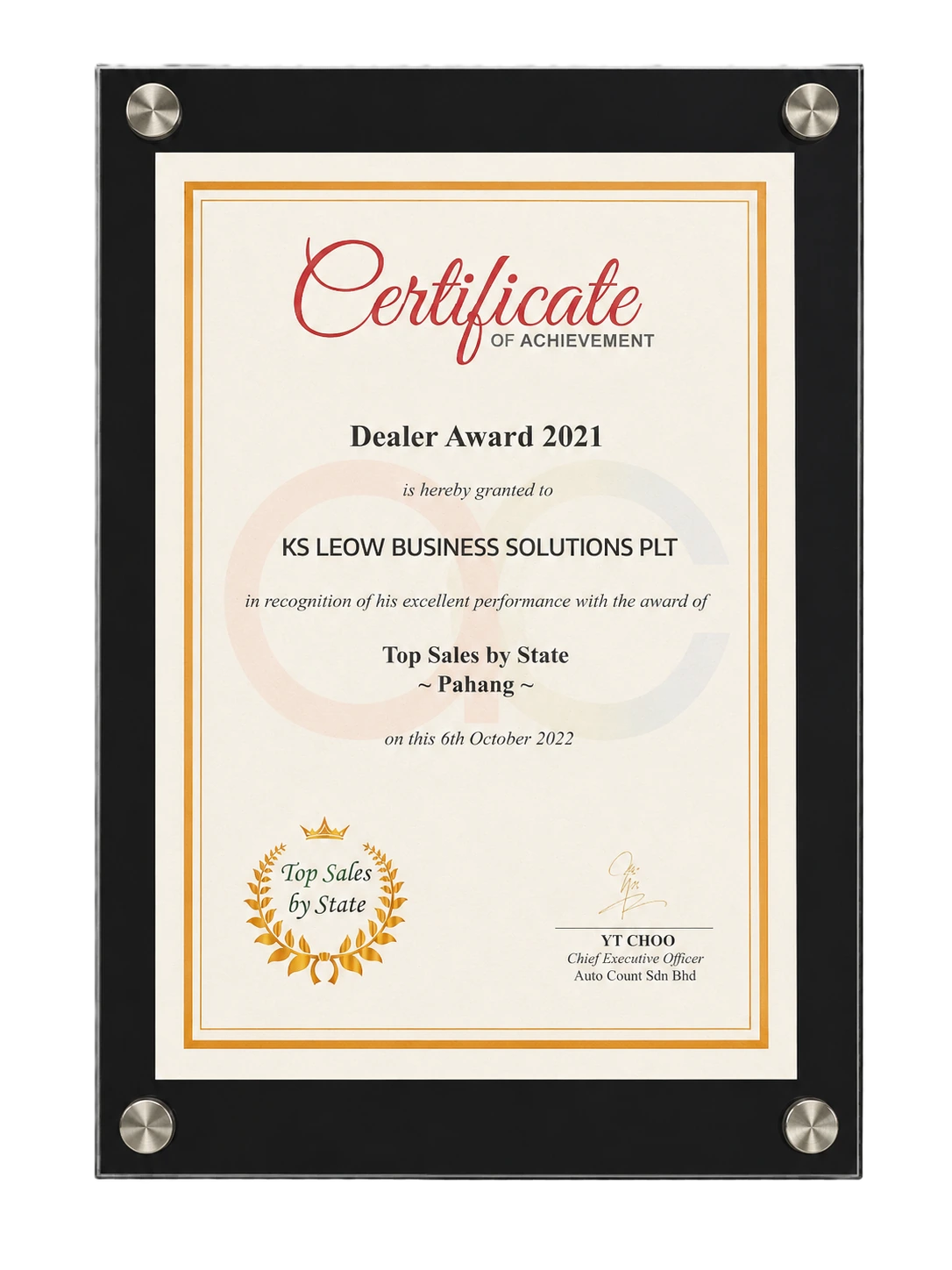 AutoCount Top Dealer certificate 2021